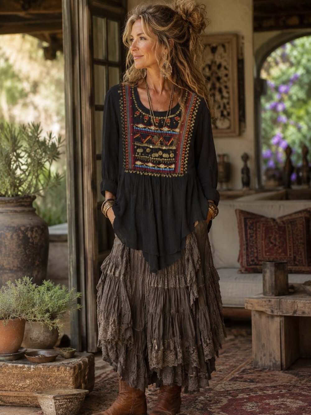 HD IN PARIS Embellished Boho Tunic Top Black Festival Hippie Chic Lagenlook